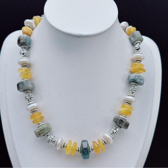 X798 Handmade Coin Shape Freshwater Baroque Pearl Agate Amber Necklace - Picture 5 of 11